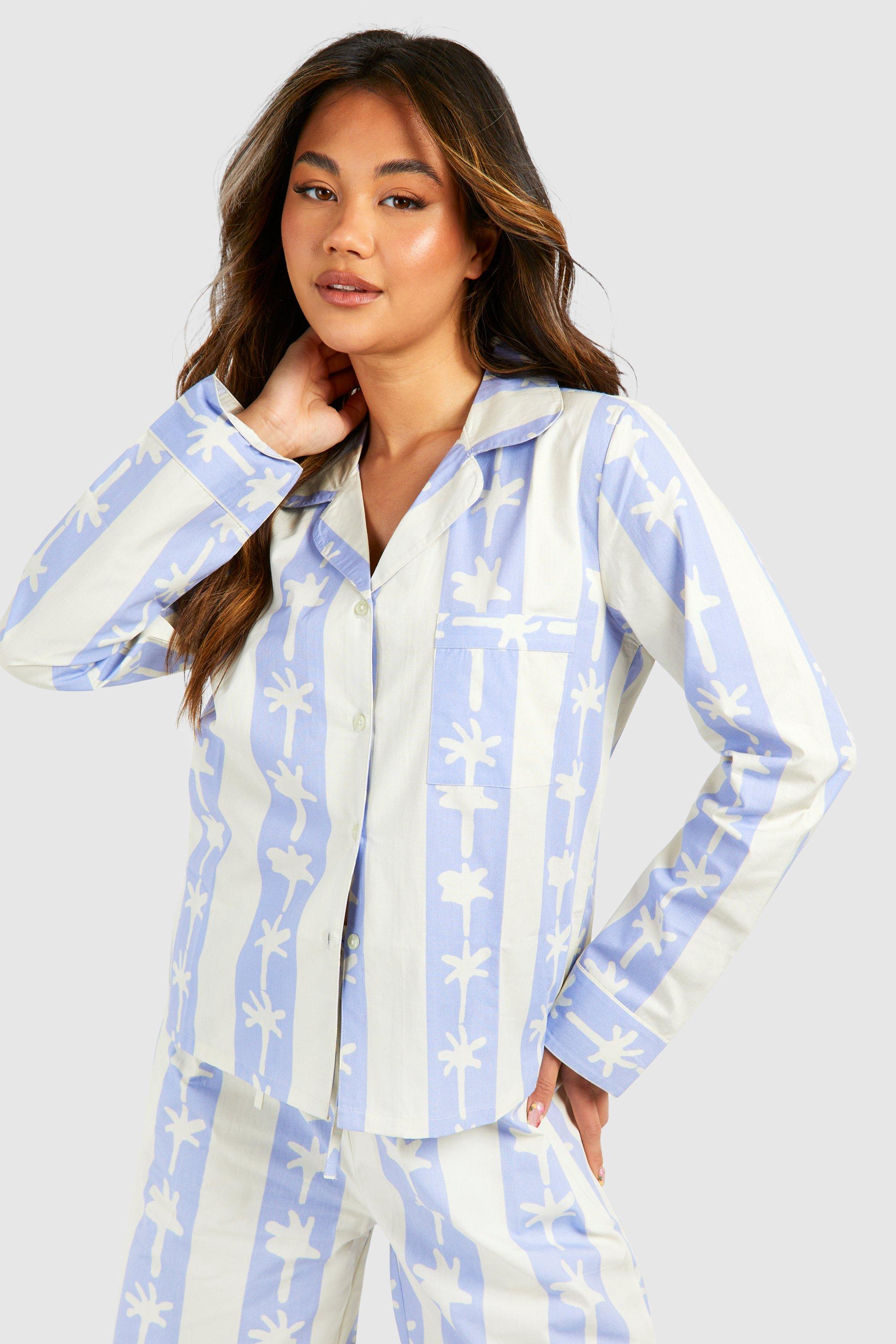 Womens Cotton Poplin Stripe Palm Print Long Sleeve Shirt - Blue - 8, Blue